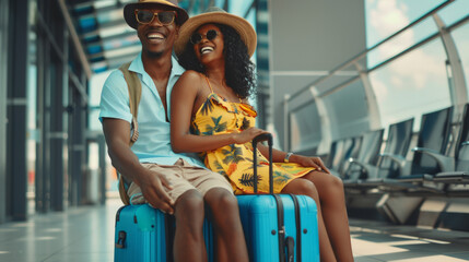 Young good-looking black Afro American couple sitting with suitcases at airport for international departure travel , happy smiling people