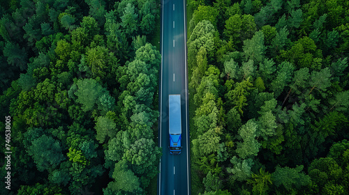 Aerial view of a blue transportation truck on an empty road in middle of a green trees forest