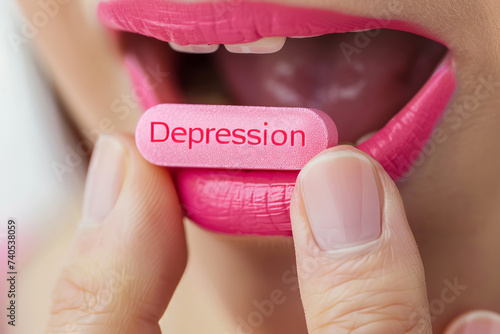Mental health medication concept image with a woman taking an antidepressant pill to cure depression with a tablet with written word depression in the person mouth photo