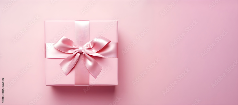 Gift box with ribbon bow levitating on pastel pink background. Present box. Happy Women's Day, Valentine's Day, Mother's Day, birthday, wedding. Greeting card or banner with copy space. Flat lay Gift box with ribbon bow levitating on pastel pink background. Present box. Happy Women's Day, Valentine's Day, Mother's Day, birthday, wedding. Greeting card or banner with copy space. Flat lay