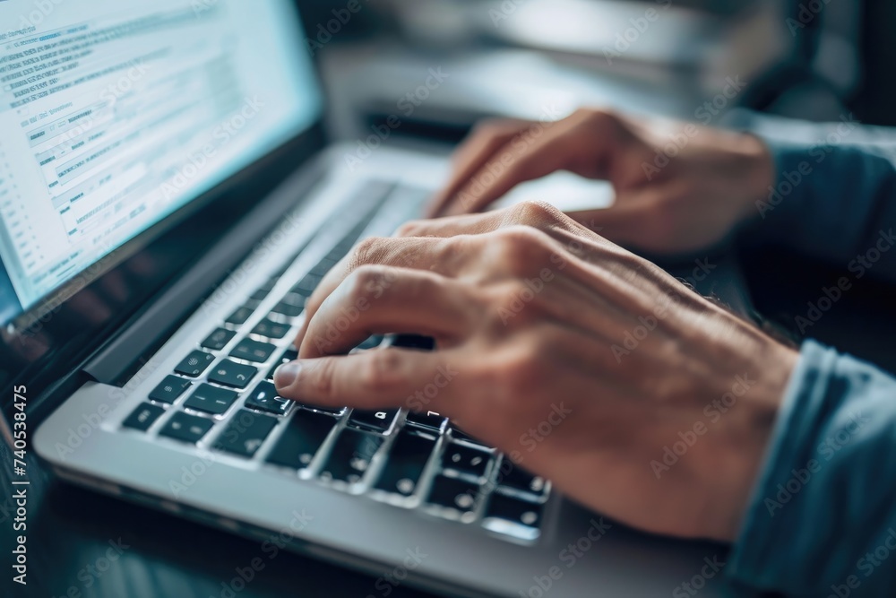 A person sitting at a white wooden desk typing on a black laptop computer, Close-up view of hands typing on a laptop keyboard, AI Generated A person sitting at a white wooden desk typing on a black laptop computer, Close-up view of hands typing on a laptop keyboard, AI Generated