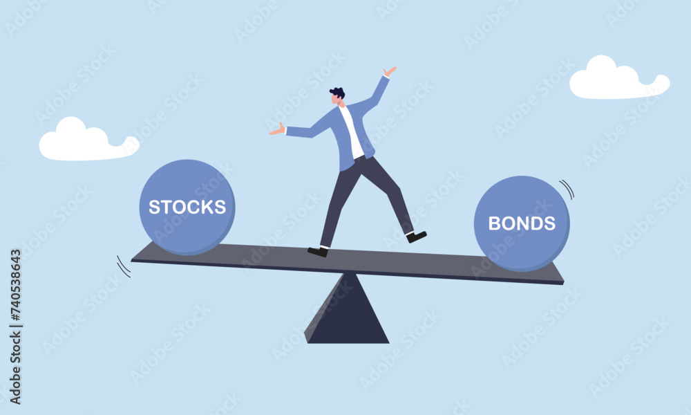 Stocks vs bonds in investment asset allocation, risk assessment portfolio or expected return in long term mutual funds, pension fund concept, businessman investor balance on stocks and bonds seesaw.