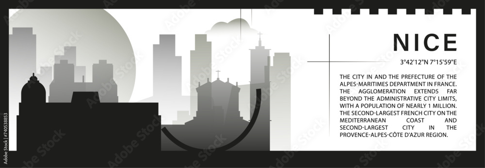 Nice skyline vector banner, black and white minimalistic cityscape silhouette. France city horizontal graphic, travel infographic, monochrome layout for website