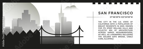 US San Francisco city skyline vector banner  black and white minimalistic cityscape silhouette. USA California state horizontal graphic  travel infographic  monochrome layout for website