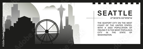 US Seattle city skyline vector banner, black and white minimalistic cityscape silhouette. USA Washington state horizontal graphic, travel infographic, monochrome layout for website