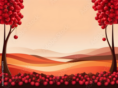 Stylised landscape with cherry trees, with hills in the background. Flat design. Posters, web backgrounds, blank, interior decor, packaging. With copy space photo