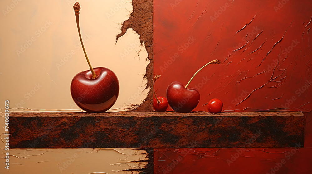 Three cherries of varying sizes on a reflective surface with a textured red and brown background. till life with a surreal, artistic twist. Food. Stylized digital art, abstract - obrazy, fototapety, plakaty 