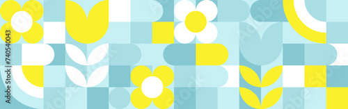 Seamless geometric summer background from flowers ornament, bright textiles and wallpaper. Daisies and bells in yellow and blue sunny shades for packaging goods and gifts.