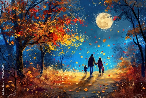 A painting depicting a man and a woman walking through a forest, holding hands, Colorful autumn leaves falling as a family walks home from Thanksgiving dinner under the moonlight, AI Generated © Iftikhar alam