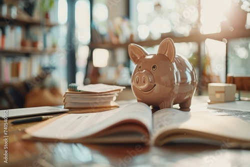 Ceramic piggy bank on desk with open book, sunny library backdrop photo
