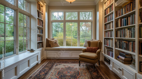 A dreamy library with walltowall bookshelves and a comfortable window seat overlooking a tranquil garden. Soft neutral colors and warm lighting create an inviting atmosphere photo