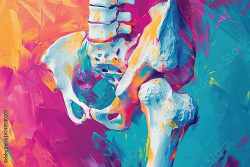 A depiction of a skeletal figure grasping a tennis racquet in a bold and striking painting, Colorful depiction of a recovering fractured hip, AI Generated