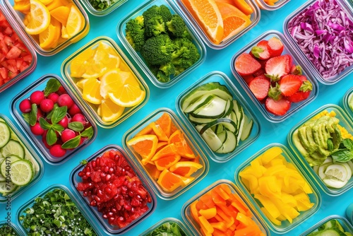 A diverse assortment of fresh fruits and vegetables stored in plastic containers, Colorful, healthy meal prep containers lined up, AI Generated © Iftikhar alam