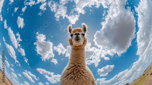 Bottom view of a alpaca against the sky. An unusual look at animals. Animal looking at camera photo