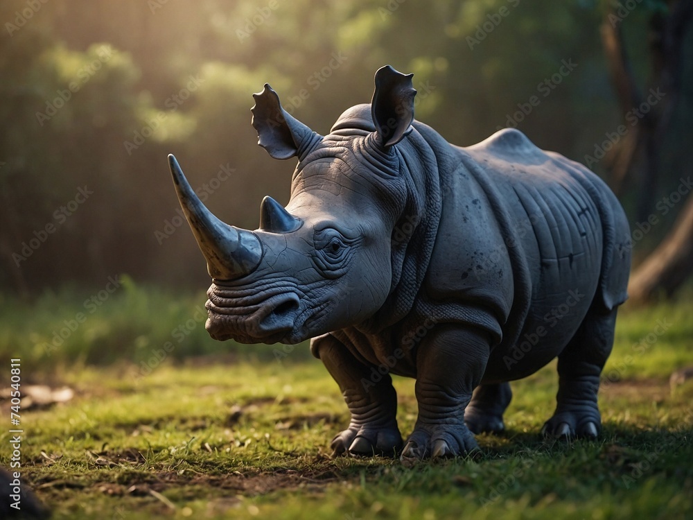 Fototapeta premium Still life photography of a rhino toy with enchanting jungle background