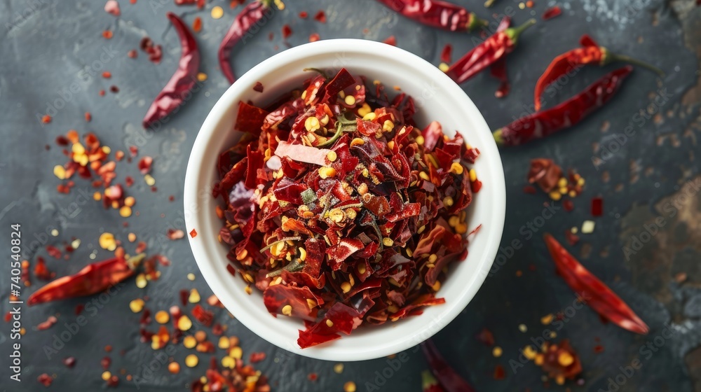 Photo crushed dried chili peppers in white bowl hot and spicy     