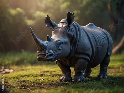 Still life photography of a rhino toy with enchanting jungle background