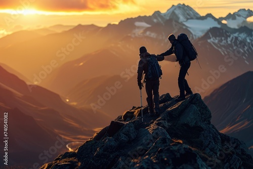 Two people pose triumphantly on the top of the worlds highest peak, Mount Everest, Compassionate hiker boosts the spirits of a friend reaching for the mountain top, AI Generated