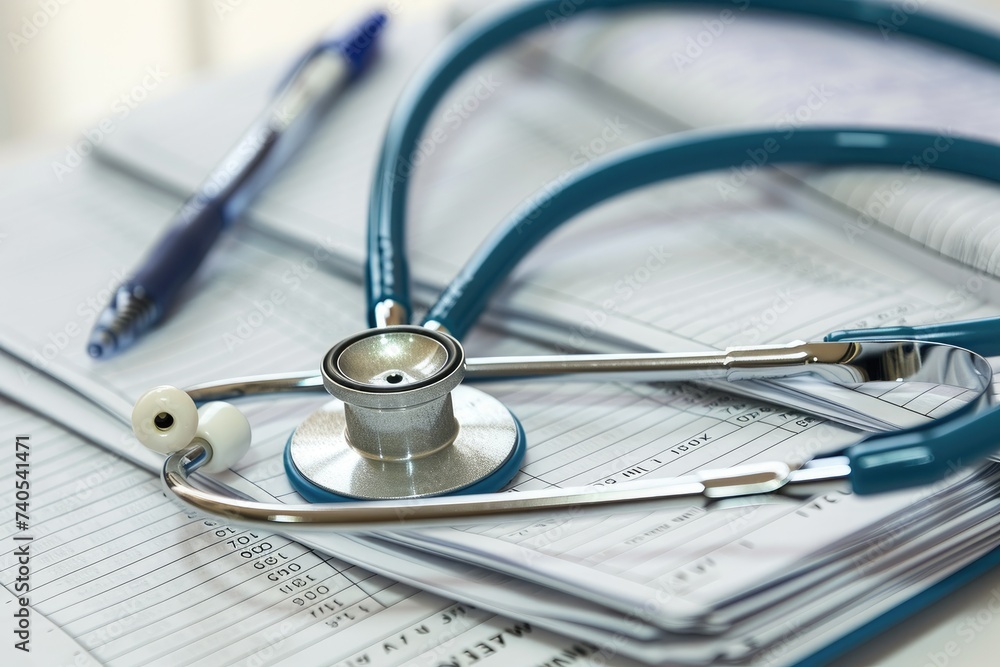 A stethoscope is placed on a stack of papers, symbolizing the intersection of medical care and documentation, Concept image of a stethoscope draped over a pile of medical reports, AI Generated A stethoscope is placed on a stack of papers, symbolizing the intersection of medical care and documentation, Concept image of a stethoscope draped over a pile of medical reports, AI Generated