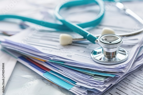 Stethoscope on a Stack of Paperwork in a Medical Office, Concept image of a stethoscope draped over a pile of medical reports, AI Generated