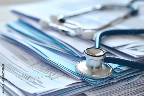 A stethoscope is placed on top of a pile of papers, symbolizing the intersection of healthcare and documentation, Concept image of a stethoscope draped over a pile of medical reports, AI Generated photo