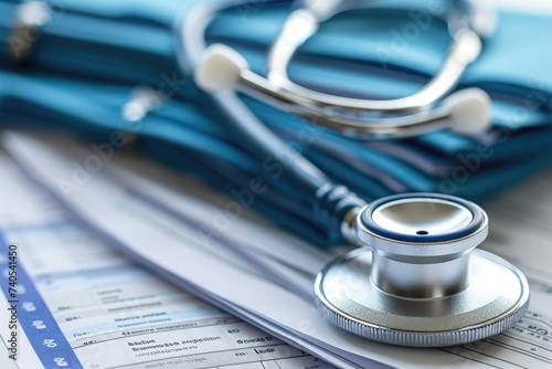 A stethoscope lays on top of a stack of medical paperwork, providing essential tools for healthcare professionals, Concept image of a stethoscope draped over a pile of medical reports, AI Generated