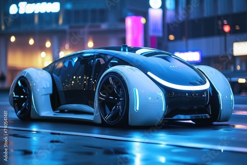 A sleek, high-tech car of the future is stationary on a busy urban street, showcasing the advancements in automotive design and technology, Concept of a self-driving electric car, AI Generated