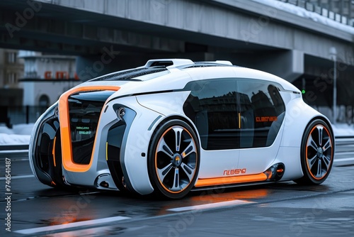 A white and orange car drives down a busy urban street surrounded by tall buildings and other vehicles, Concept of a self-driving electric car, AI Generated photo