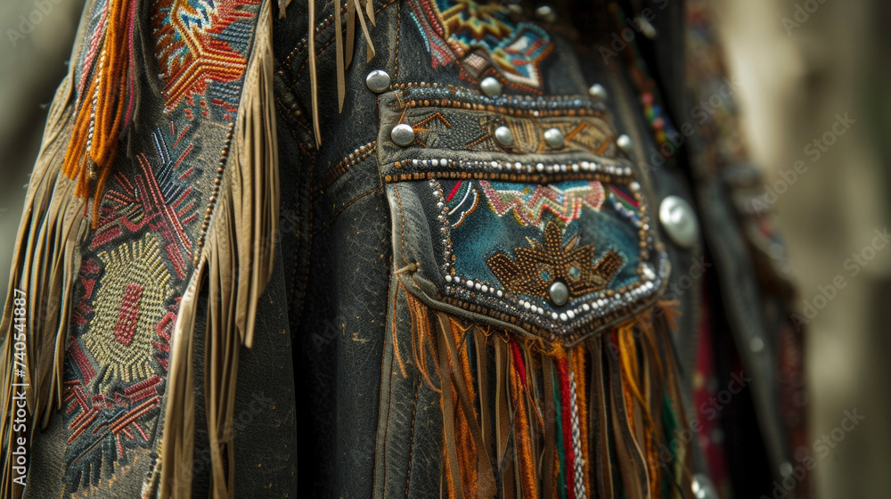 A tailored jacket with intricate beading and fringe details blending influences from Native American and Japanese fashion. Wear this to a festival with an East meets West