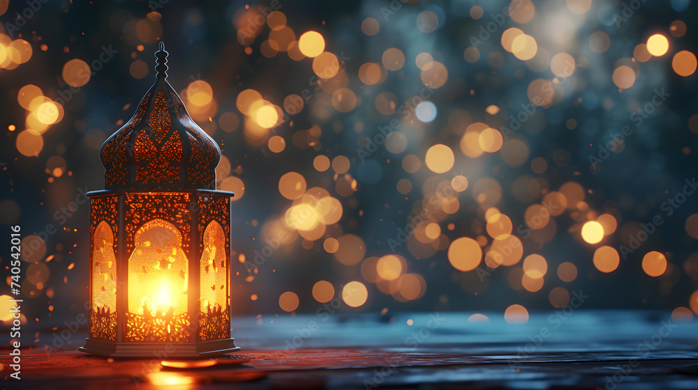 Ornate oriental lantern with warm light against a bokeh background - Format 16:9