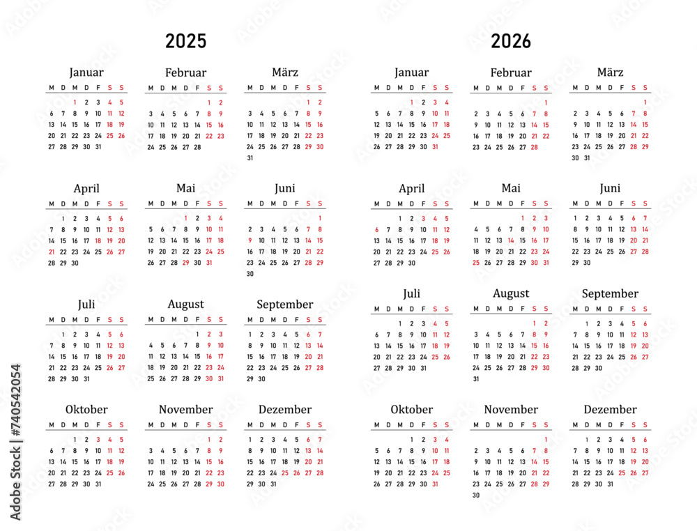 2025, 2026 calendar minimalist on german language with german holidays. Week start on monday. Vector illustration 2025, 2026 calendar minimalist on german language with german holidays. Week start on monday. Vector illustration