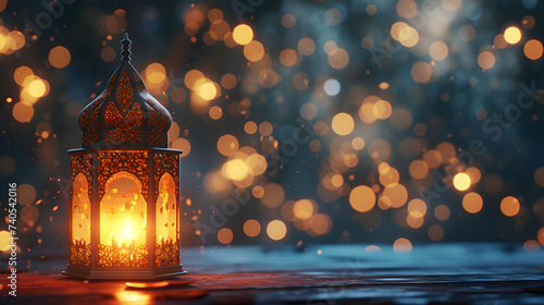 Obraz na płótnie Ornate oriental lantern with warm light against a bokeh background - Format 16:9 w salonie