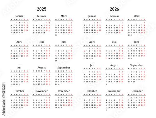 2025, 2026 calendar minimalist on german language with german holidays. Week start on monday. Vector illustration