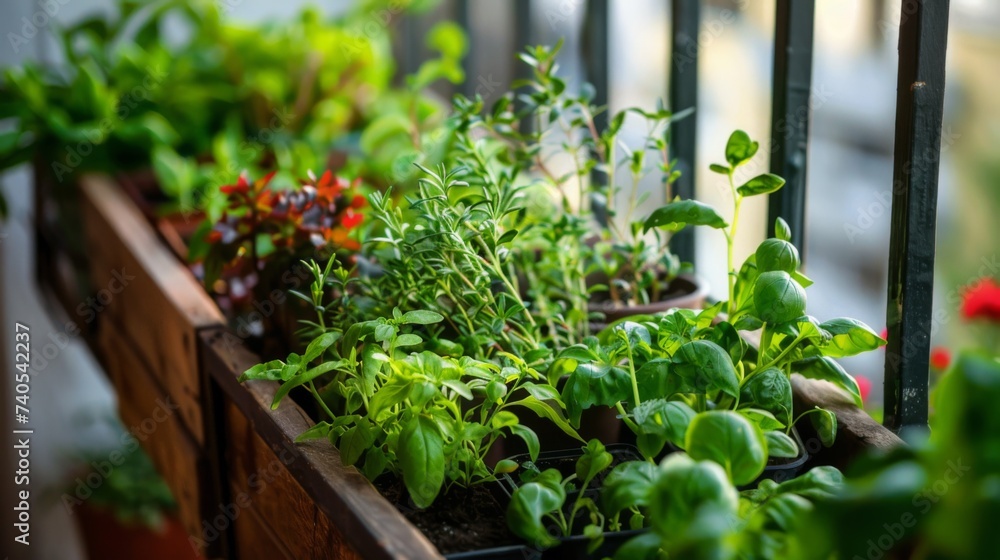 gardening on a balcony, herbs in pots