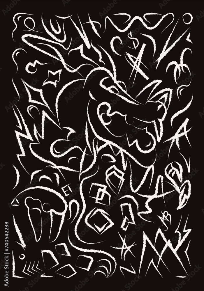 Dragon Abstract doodle illustration Brush stroke Street art Greeting card White chalk  hand-drawn illustration Isolated on a black background