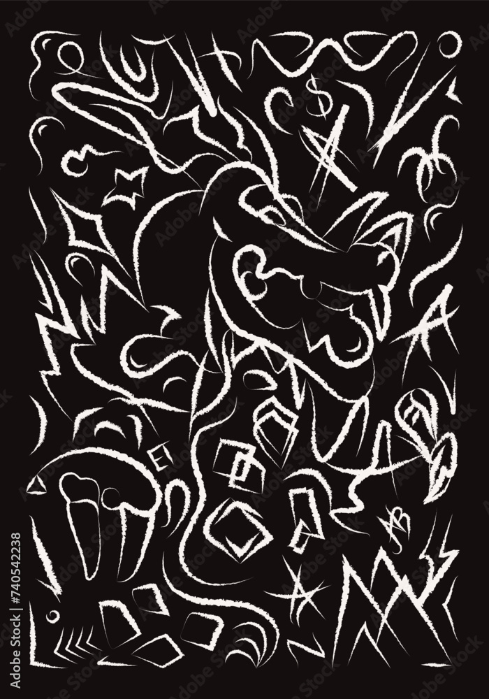 Fototapeta premium Dragon Abstract doodle illustration Brush stroke Street art Greeting card White chalk hand-drawn illustration Isolated on a black background