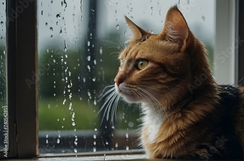 Pensive Pet: Indoor Cat Observing Rainy Day through Window, generative AI