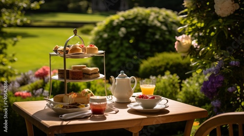 Afternoon tea and cakes in the garden photo