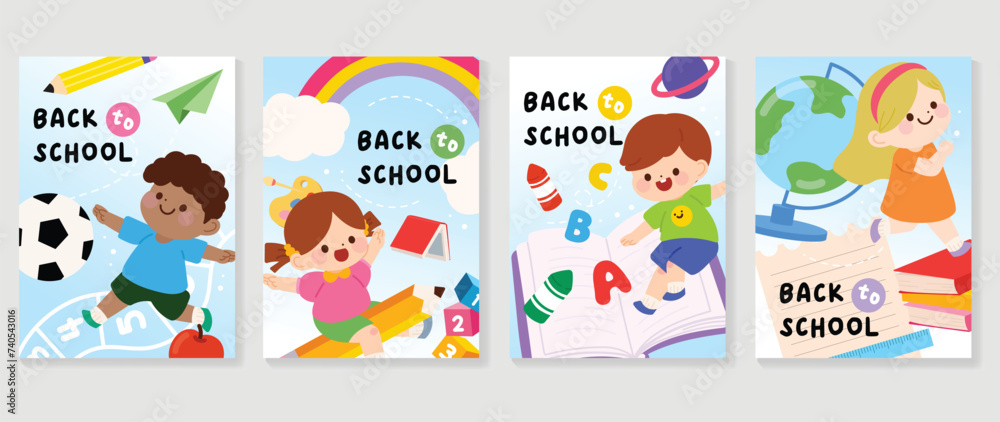 Back to school cover vector set. Background design with children and education accessories element. Kids hand drawn flat design for poster , wallpaper, website and cover template.
