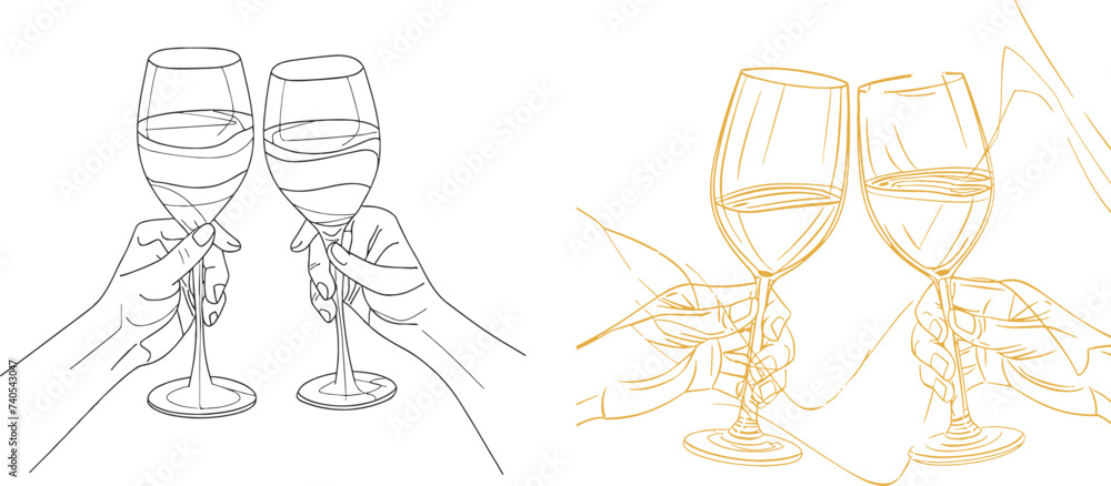 One line champagne toast. Continuous linear couple wine glasses clink