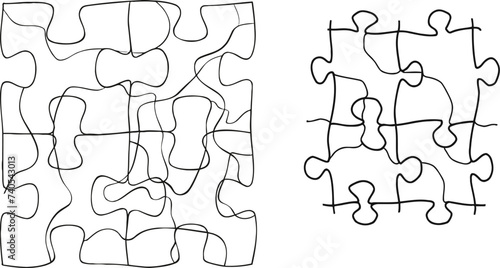 Continuous one line drawing of four pieces of jigsaw