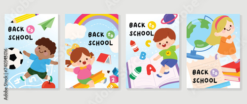 Back to school cover vector set. Background design with children and education accessories element. Kids hand drawn flat design for poster   wallpaper  website and cover template.