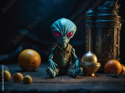 Still life photography of an alien toy with dark enchanting environmnet photo