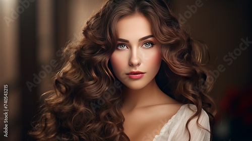 Beautiful girl with long wavy hair . Brunette with curly hairstyle