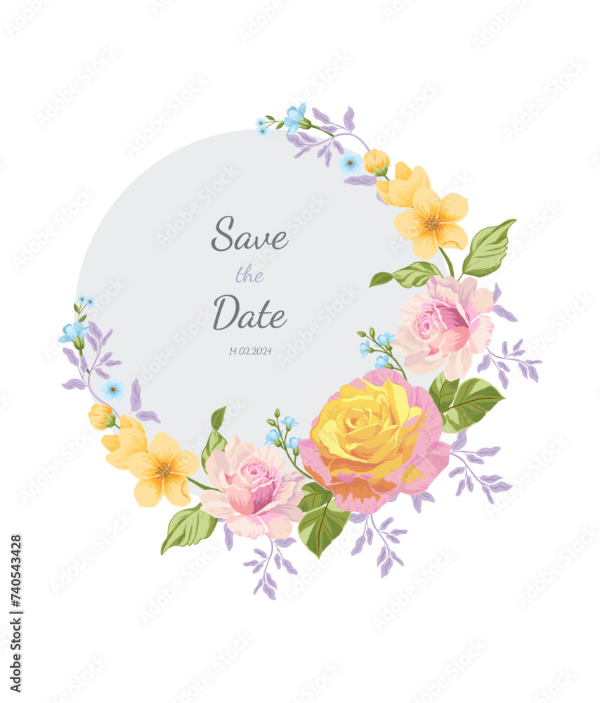 Vector floral frame with yellow and pink roses