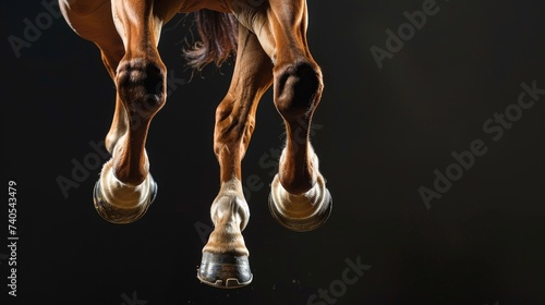 Closeup of a horse's legs in a jump on a black background. Animal in motion photo