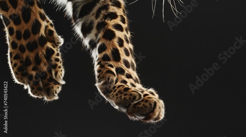 Closeup of a leopard s paw in a jump on a black background. Animal in motion.
