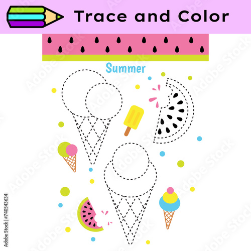 Pen tracing lines activity worksheet for children. Pencil control for kids practicing motoric skills. Ice-cream educational printable worksheet. Vector illustration.