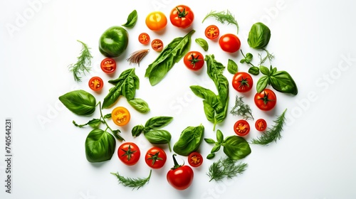 Colorful pizza ingredients pattern made of cherry tomatoes, basil and cheese on white background. Cooking concept
