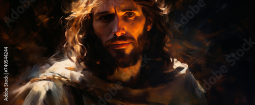 A solemn digital painting of a biblical figure with compassionate eyes and flowing hair, against a dark, blurred background, evoking reverence and contemplation Ideal for spiritual themes